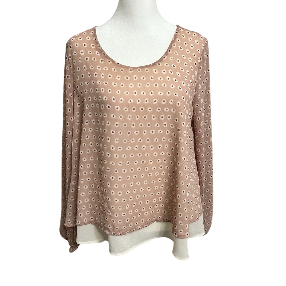 Le Lis Blouse Womens Medium Pink Floral Chiffon Layered Long Sleeve Shirt Top